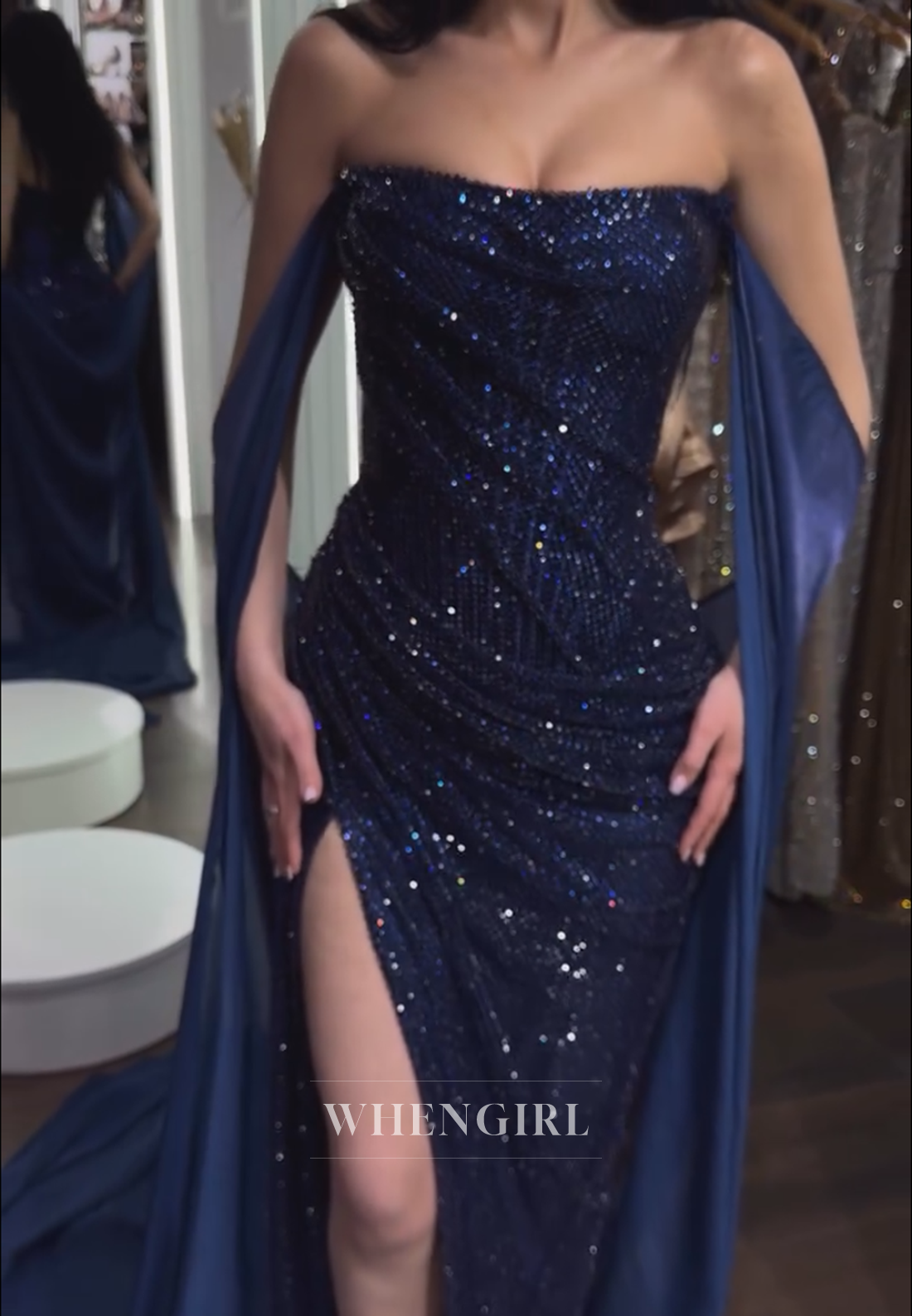Strapless Sequin Column Gown with Draped Cape