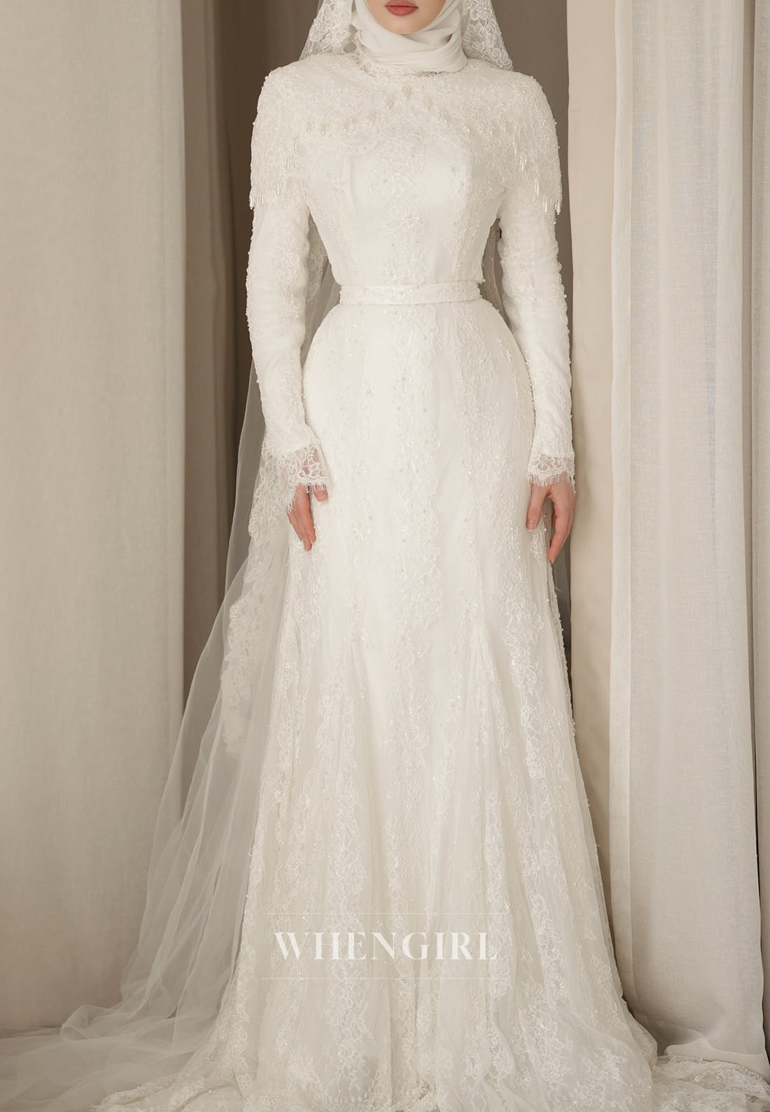 High Neck Lace Wedding Dress with Long Sleeves