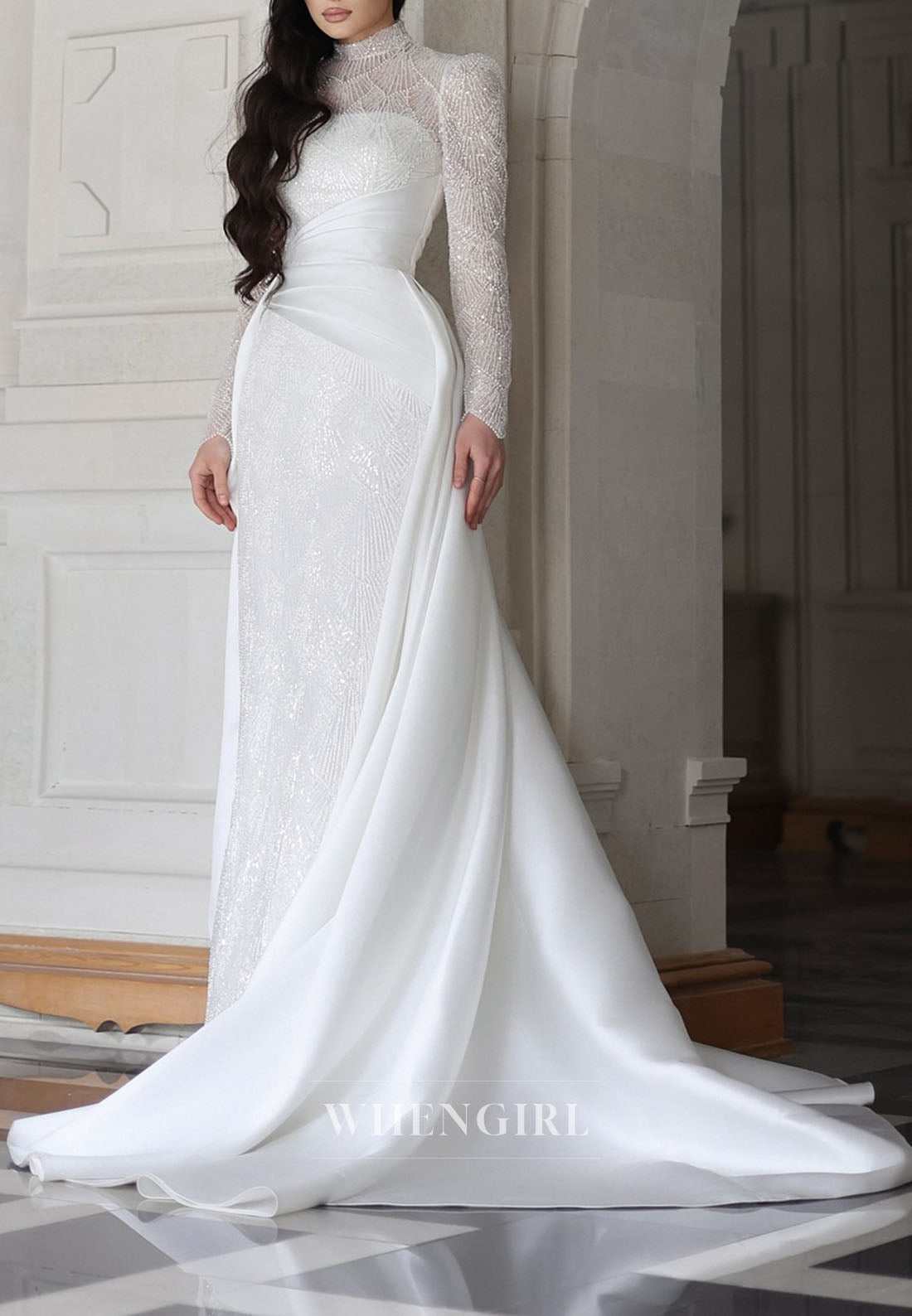 High-Neck Beaded Sheath Gown with Overskirt