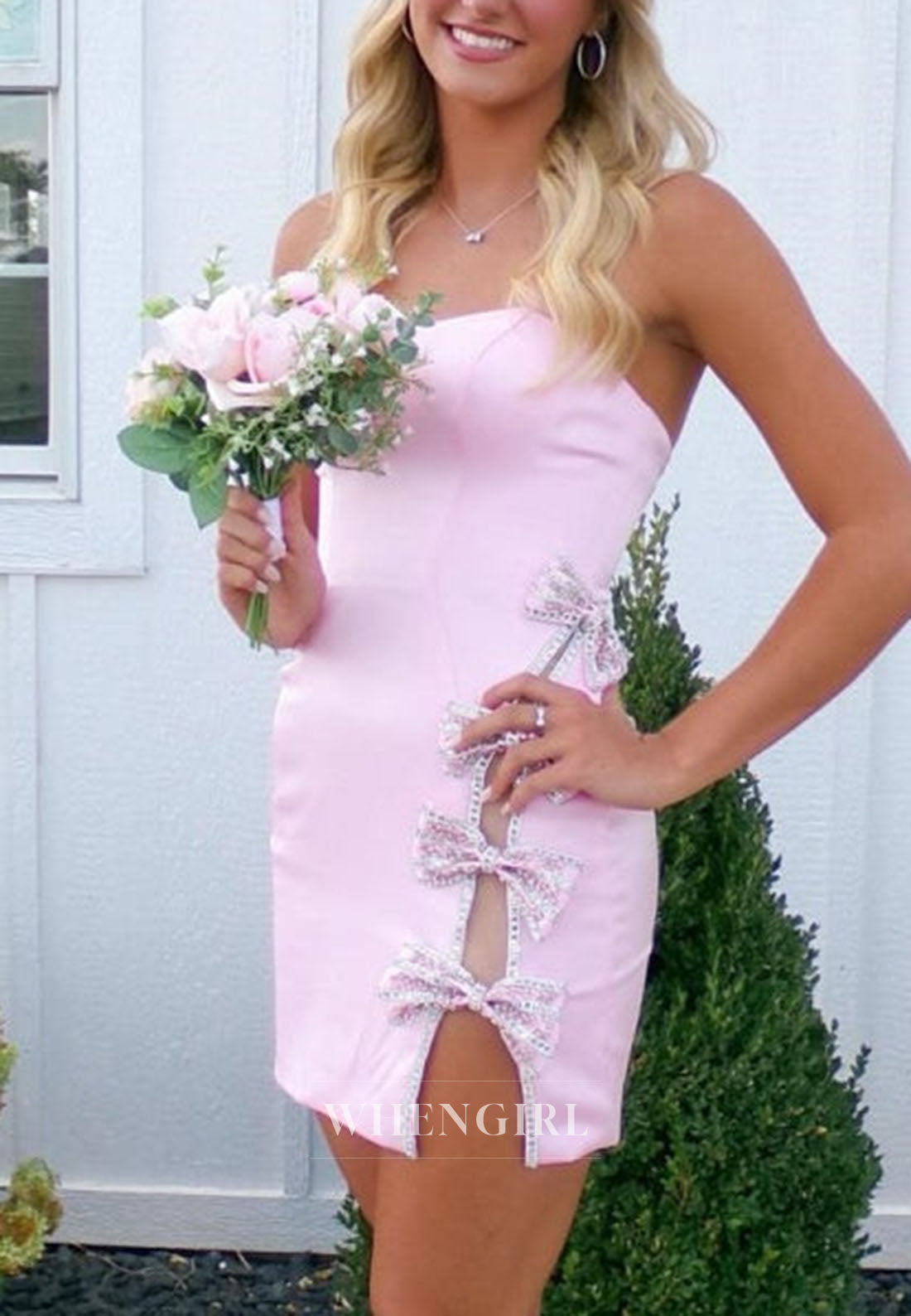 Strapless Bodycon Mini Dress with Crystal Bow Cutout Front