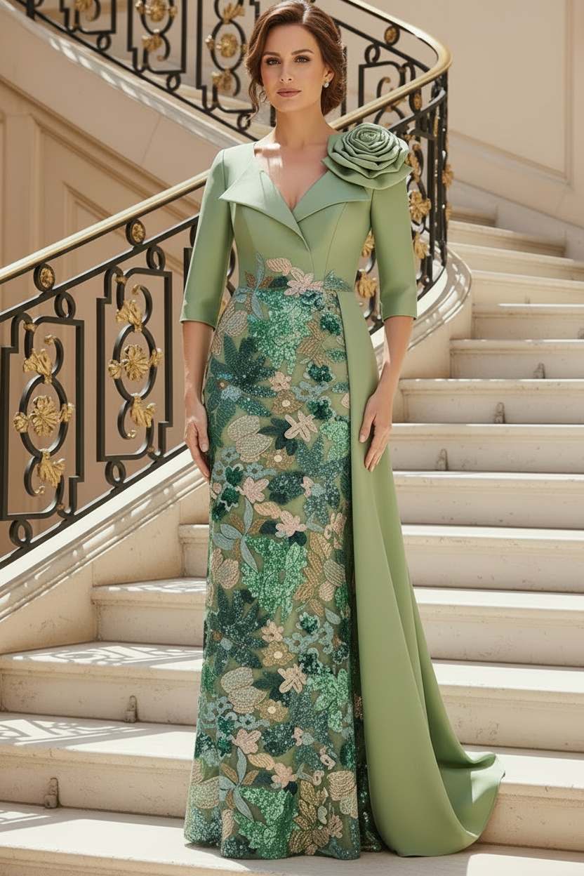 Floral Embroidered Column Gown with Side Drape