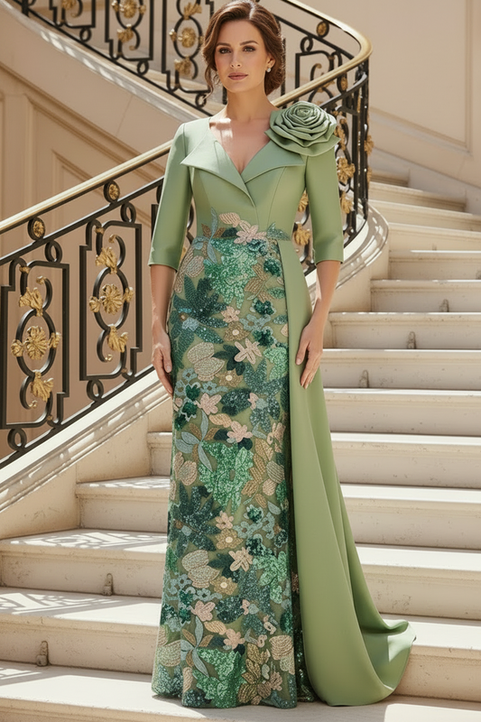 Floral Embroidered Column Gown with Side Drape