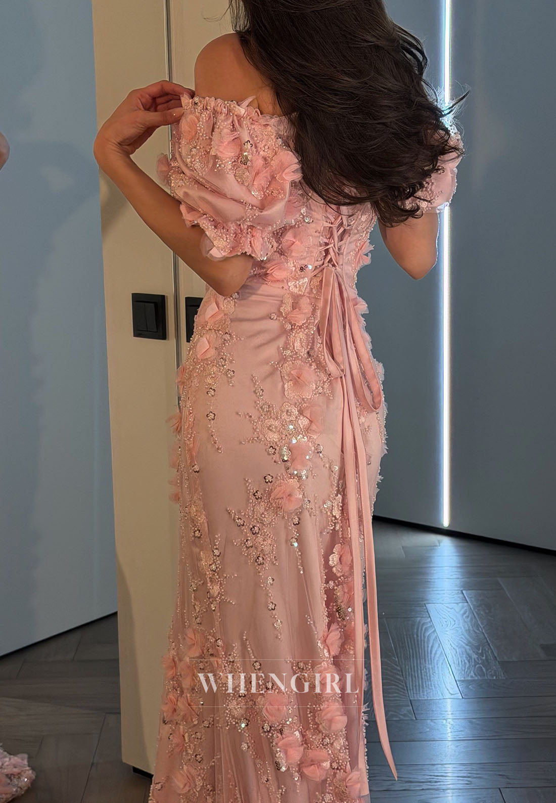 Floral Applique Corset Evening Gown