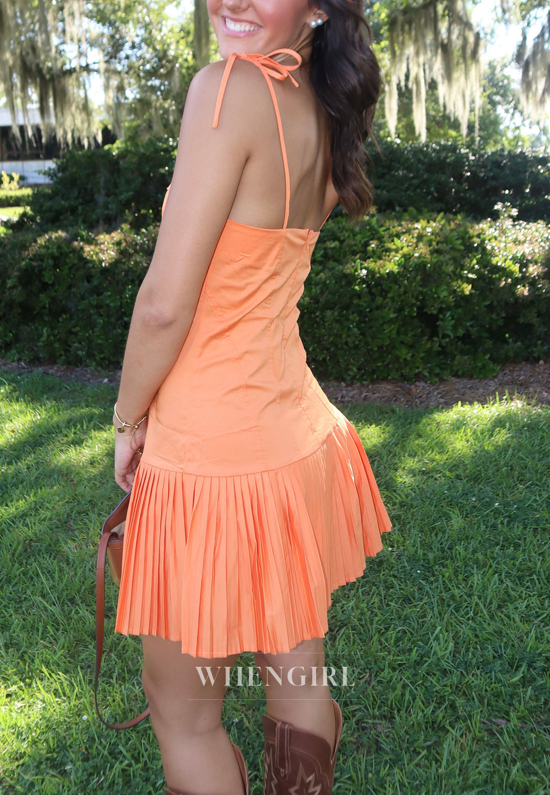 Pleated Drop-Waist Mini Dress with Tie-Strap Low Back