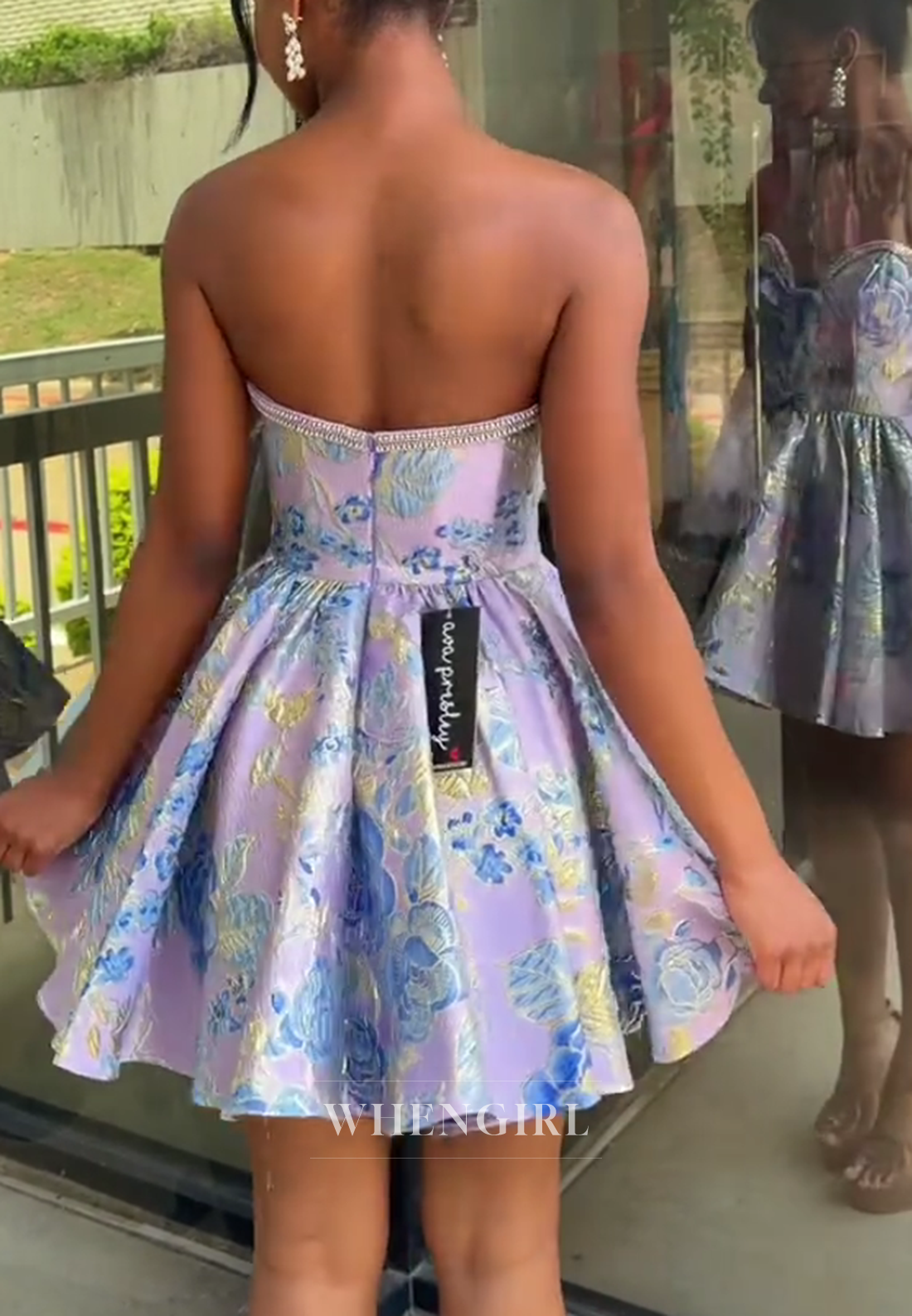 Floral Jacquard Strapless Mini Dress with Bows