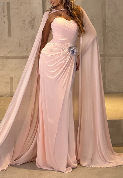 Ruched Evening Gown with Cape and 3D Flowers