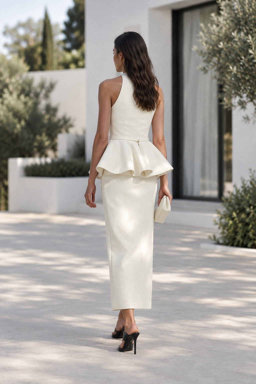 Sleeveless Peplum Column Dress with Bodice Ruffle