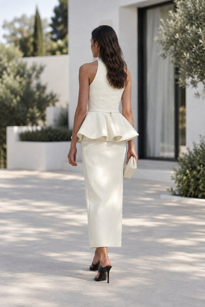 Sleeveless Peplum Column Dress with Bodice Ruffle
