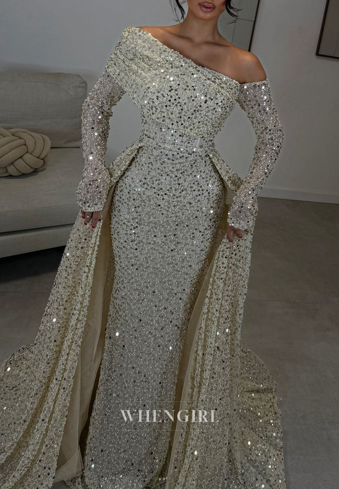 Sequined Off-the-Shoulder Gown with Overskirt