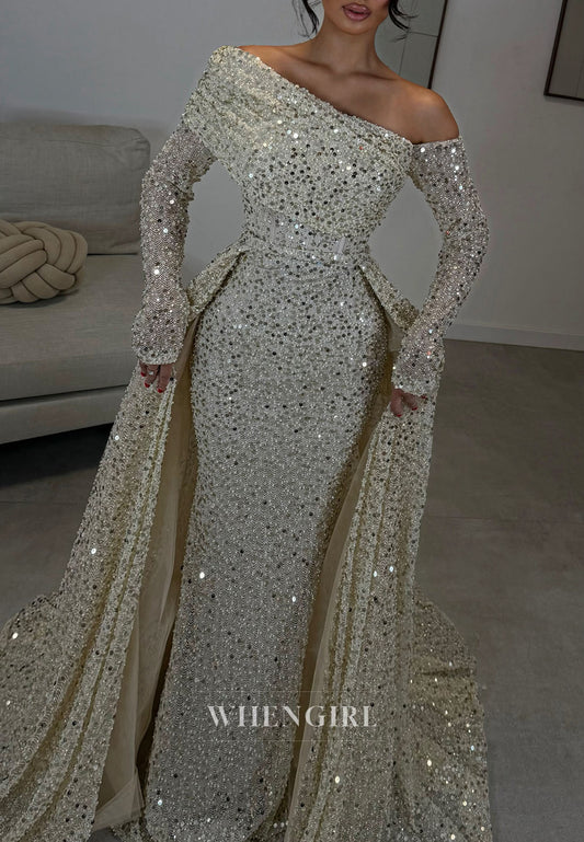 Sequined Off-the-Shoulder Gown with Overskirt