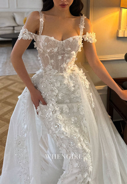 Floral Applique Mermaid Bridal Gown with Overskirt