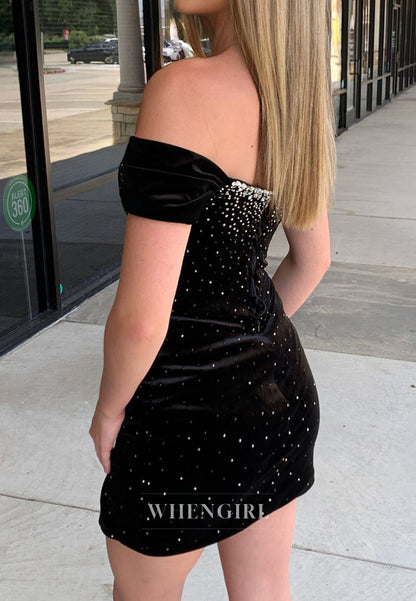 Off-Shoulder Plunging Velvet Rhinestone Mini Dress