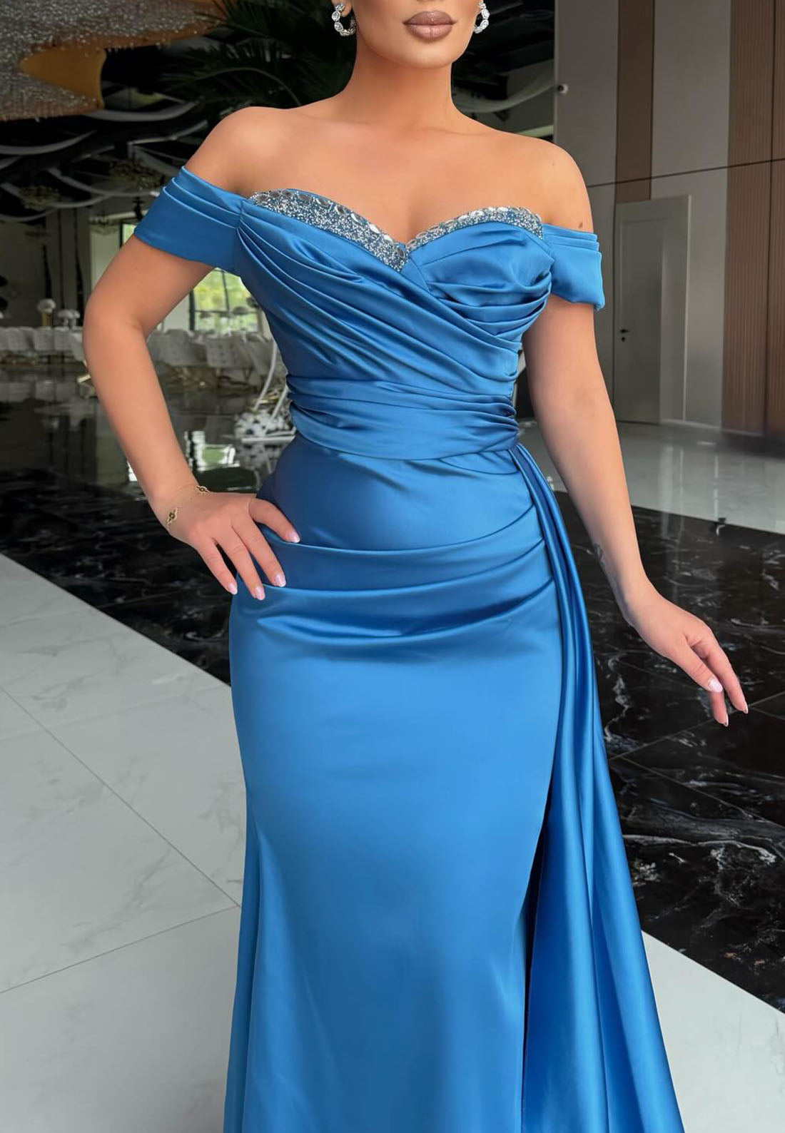 Off-Shoulder Ruched Satin Gown with Beaded Trim