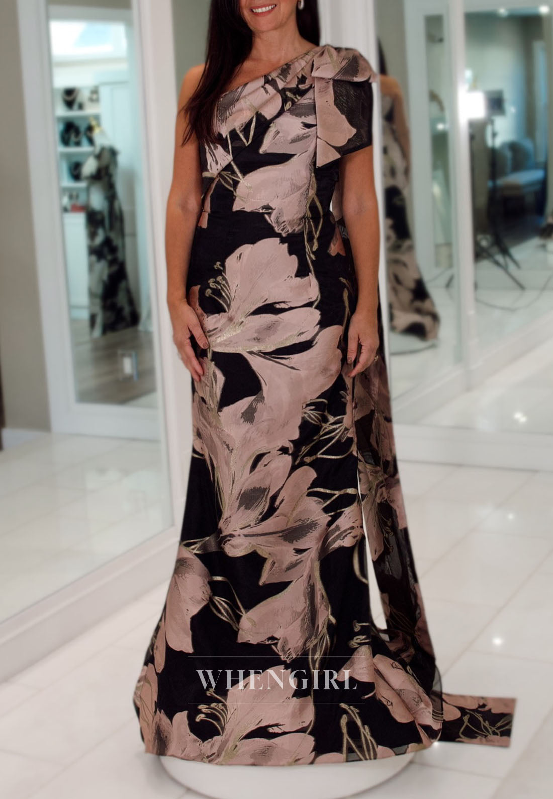One-Shoulder Floral Evening Gown with Shoulder Drape