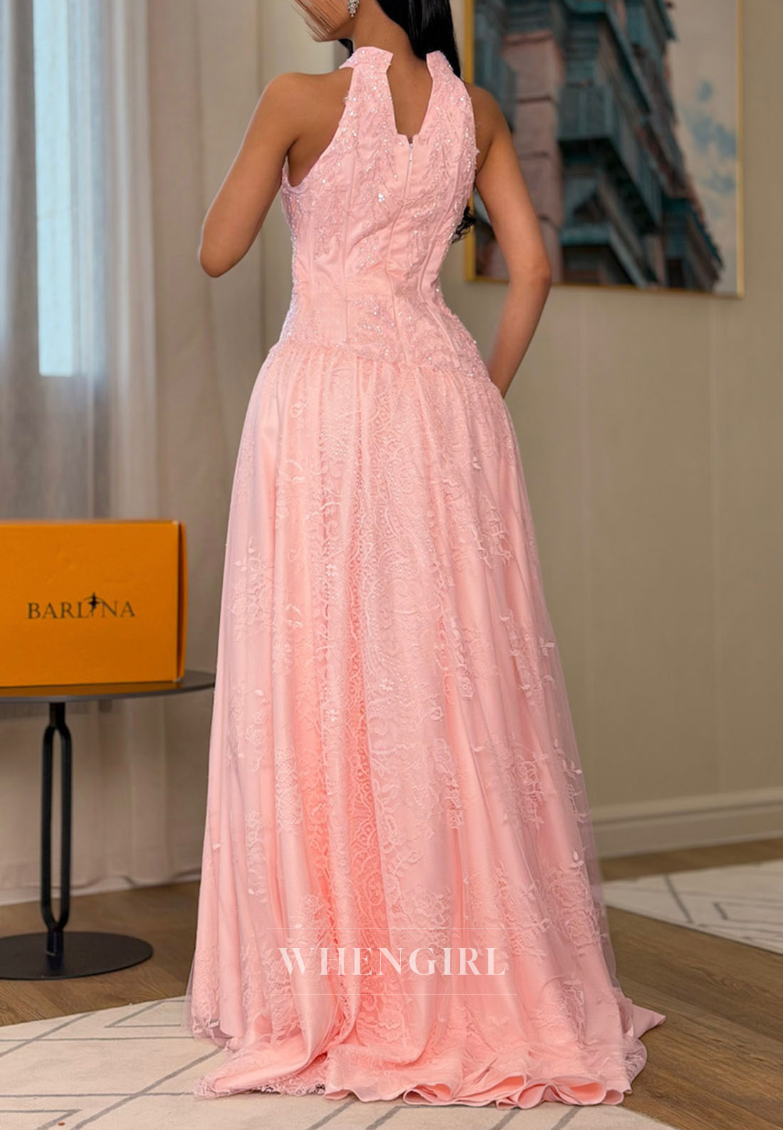 Halter Lace A-Line Gown with Asymmetrical Waist