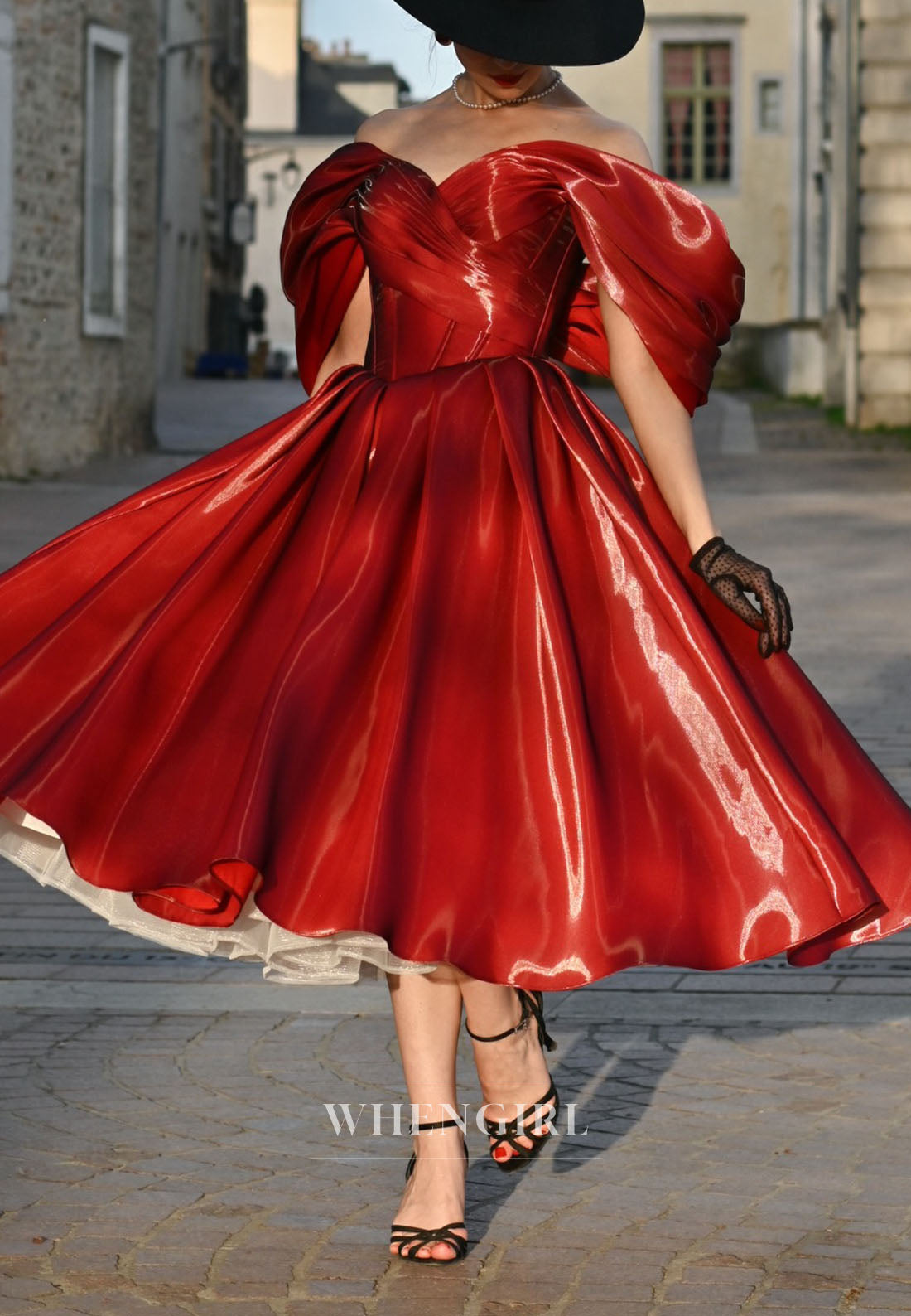 Off-the-Shoulder Pleated Tea-Length Dress