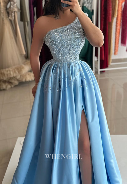 One-Shoulder Beaded A-Line Gown with Slit