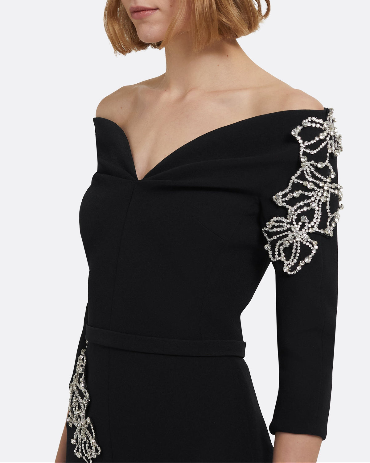 Off-the-Shoulder Crystal Midi Sheath Dress