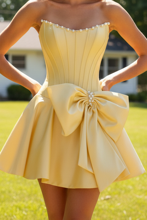 Strapless Corset Taffeta Mini Dress with Bow
