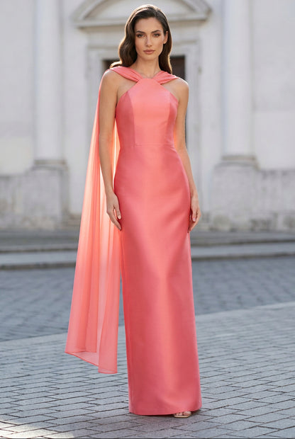 Halter Neck Column Gown with Draped Cape