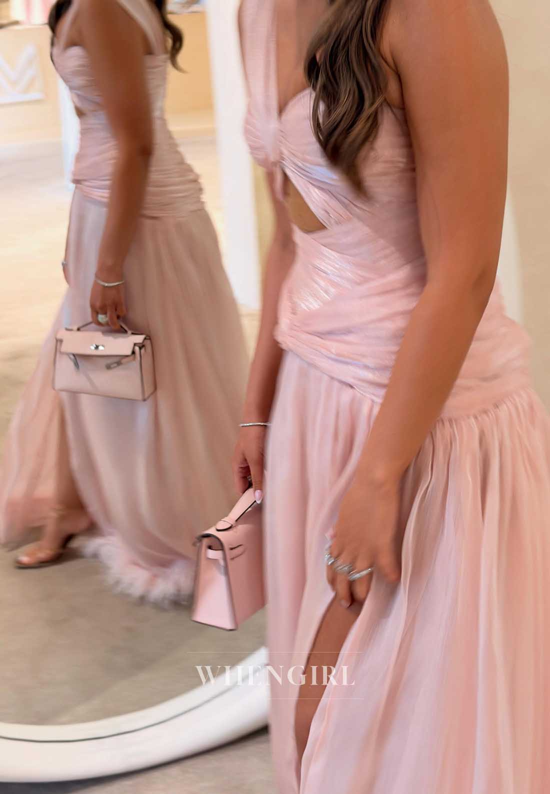 One Shoulder Ruched Cut-Out Feather Trim Gown