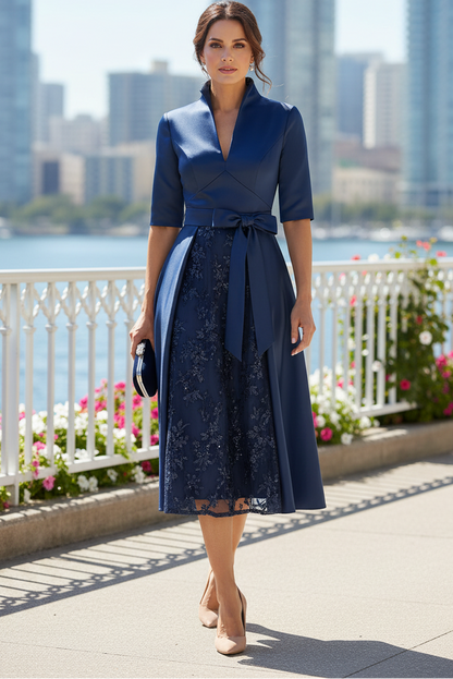 Satin Lace Panel Tea-Length A-Line Dress