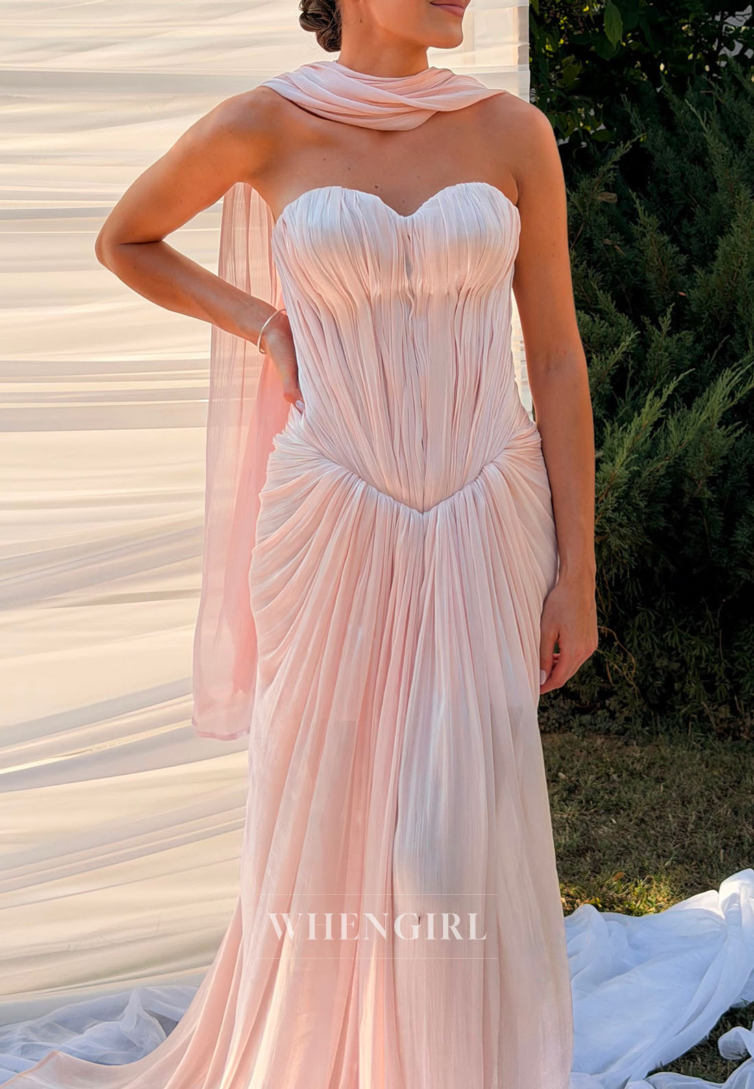 Strapless Pleated Corset Gown with Scarf