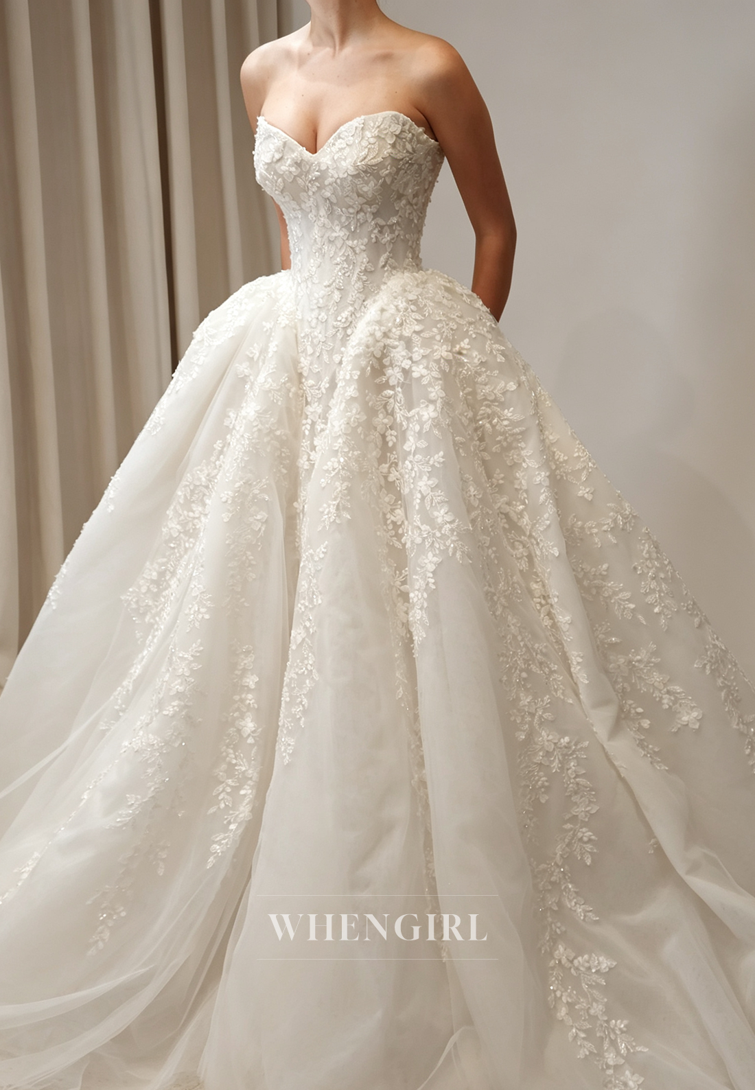 Strapless Floral Lace Applique Ball Gown Wedding Dress