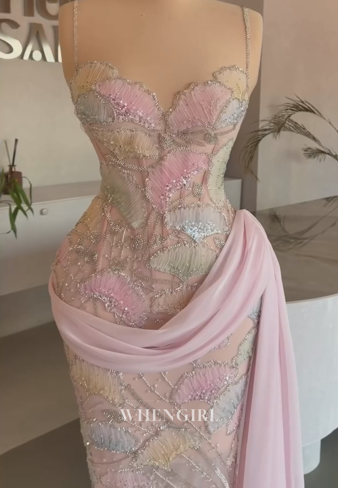 Embroidered Beaded Evening Gown with Side Drape