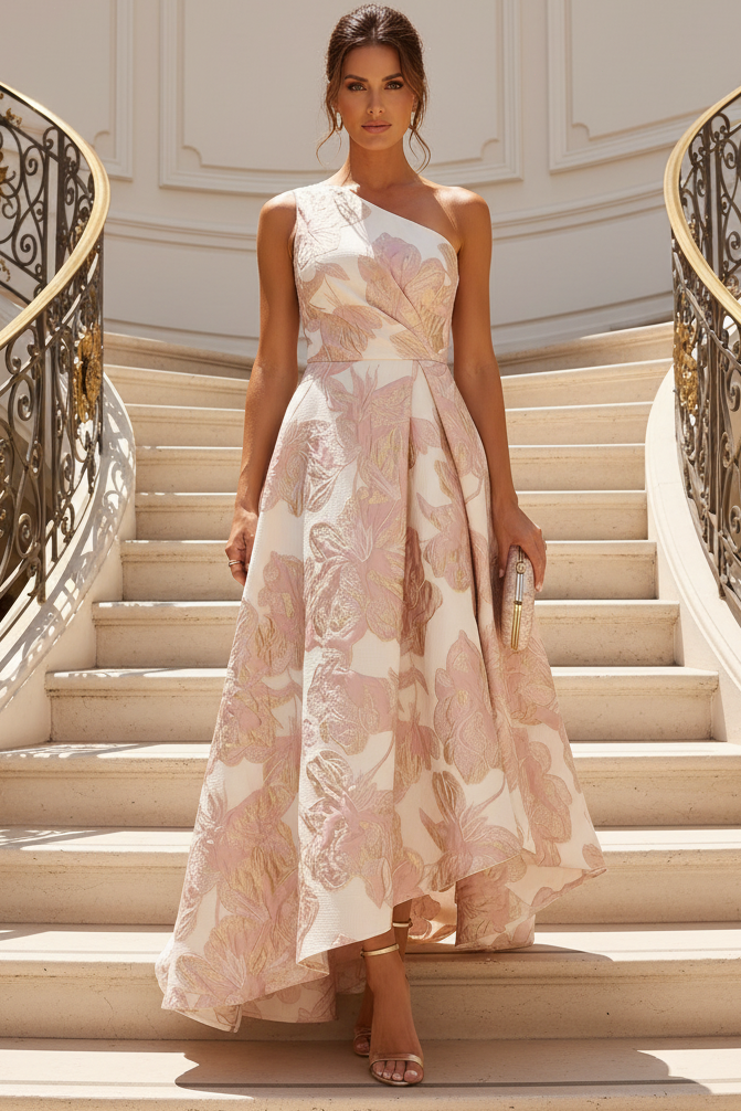 One-Shoulder Floral Jacquard High-Low Gown