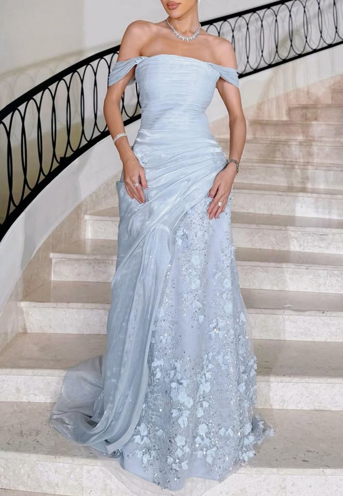 Off-the-Shoulder Draped Gown with 3D Flowers