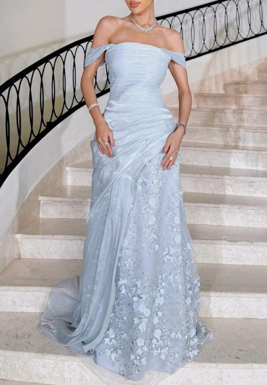 Off-the-Shoulder Draped Gown with 3D Flowers