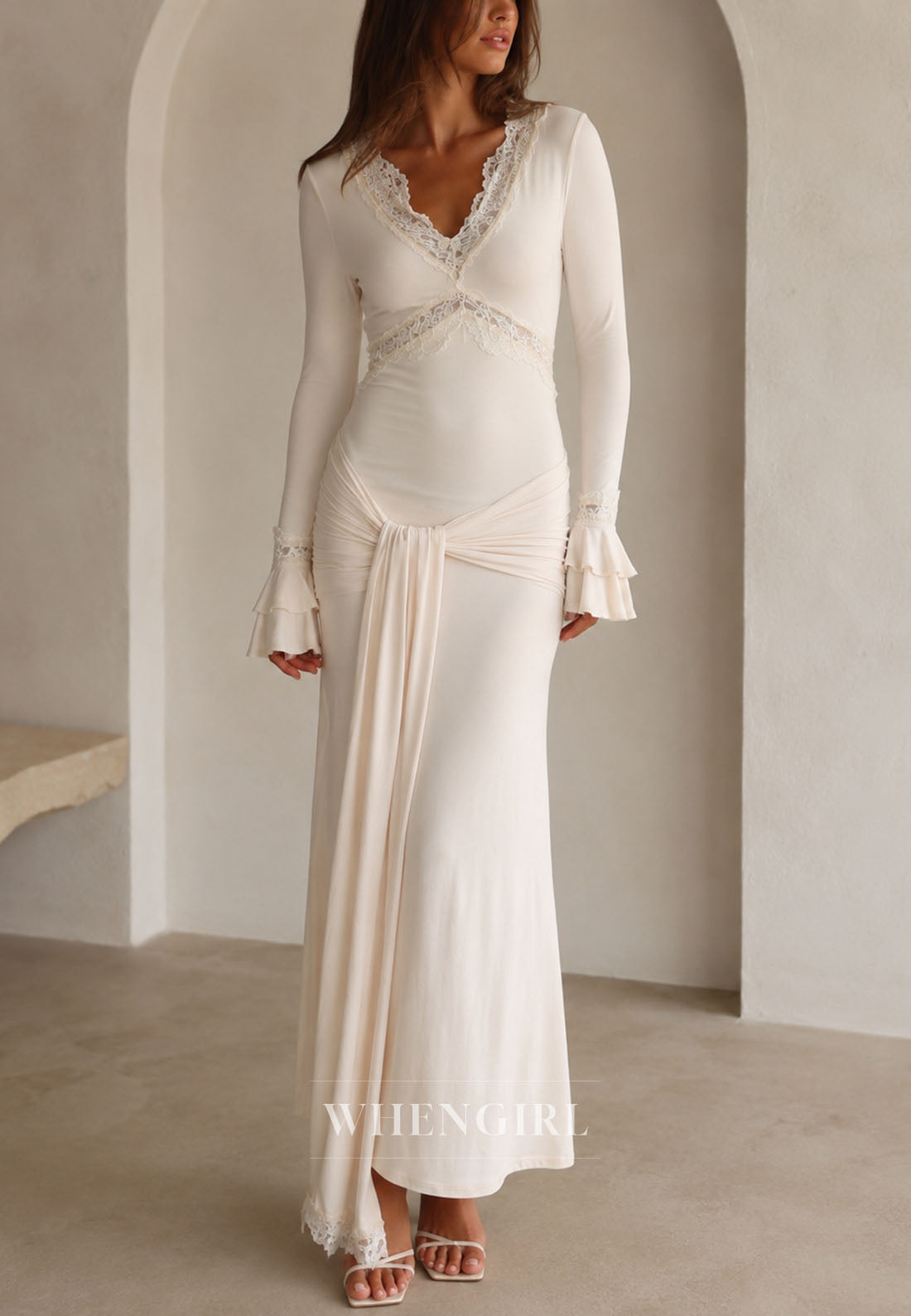 Lace Trim V-Neck Maxi Dress with Flounce Sleeves