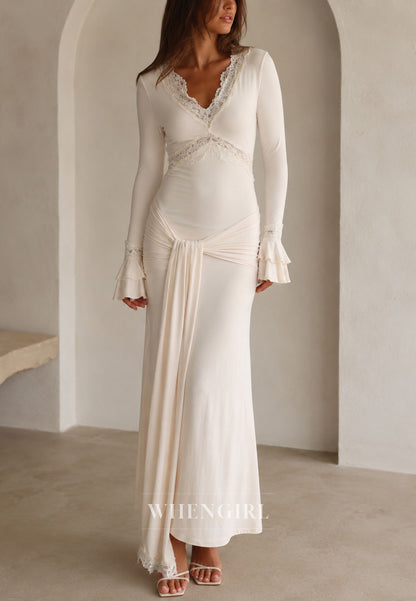 Lace Trim V-Neck Maxi Dress with Flounce Sleeves