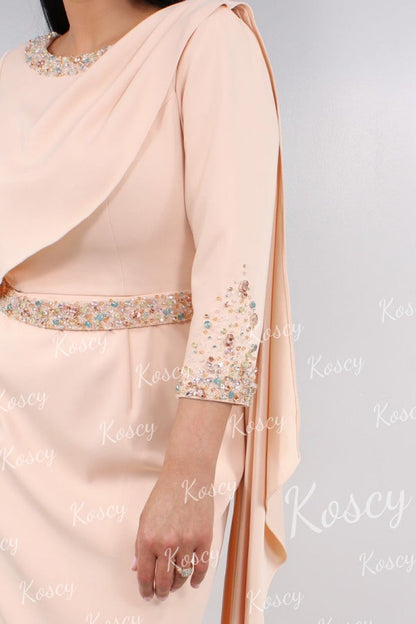 Beaded Drape Sheath Dress with 3/4 Sleeves