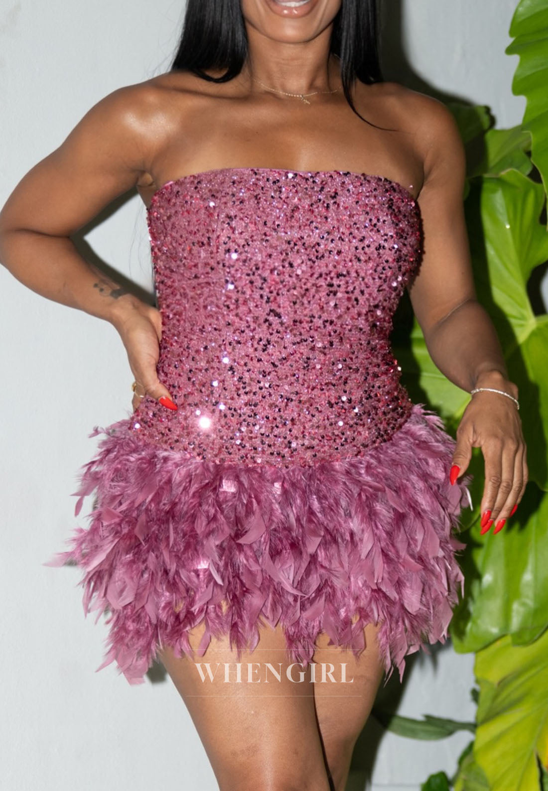 Strapless Sequin Feather Mini Dress