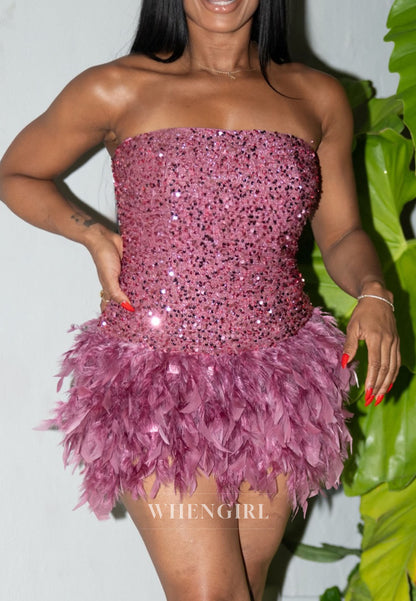 Strapless Sequin Feather Mini Dress