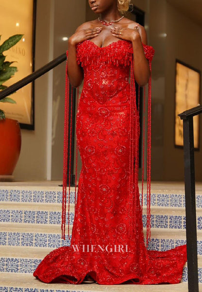 Beaded Off-Shoulder Mermaid Gown with Beaded Fringe