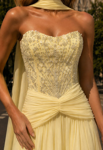Embellished Corset Chiffon Gown with Scarf