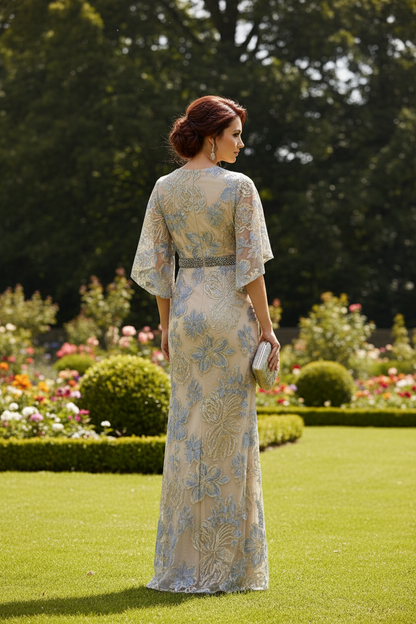 Floral Jacquard Flutter Sleeve Gown with Beaded Belt