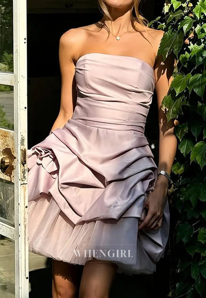Strapless Ruched Corset Mini Dress with 3D Flowers