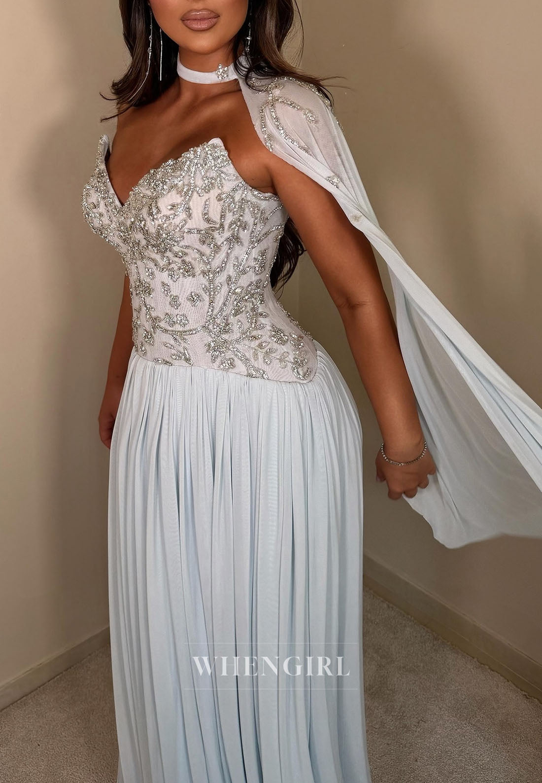 Embellished Bodice Cape Evening Gown