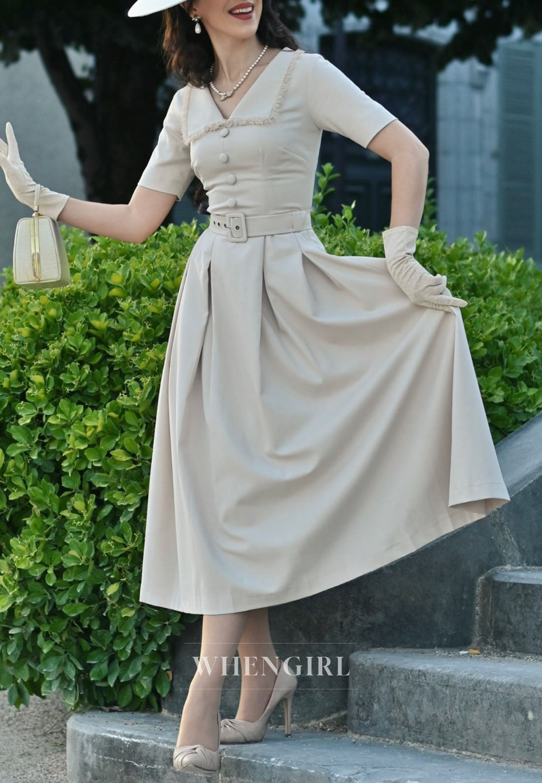 Collared Midi Dress with Pleated Skirt and Belt