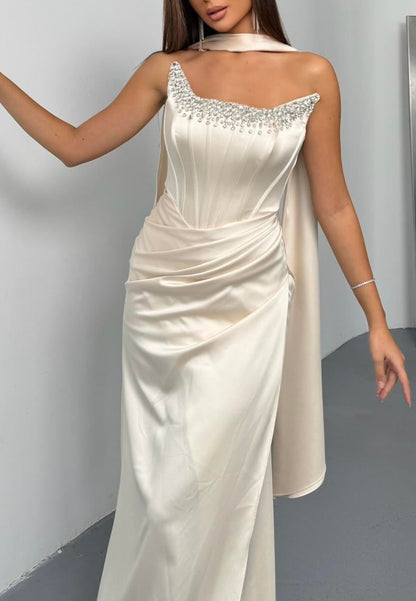 Corset Evening Gown with Beaded Neckline & Cape