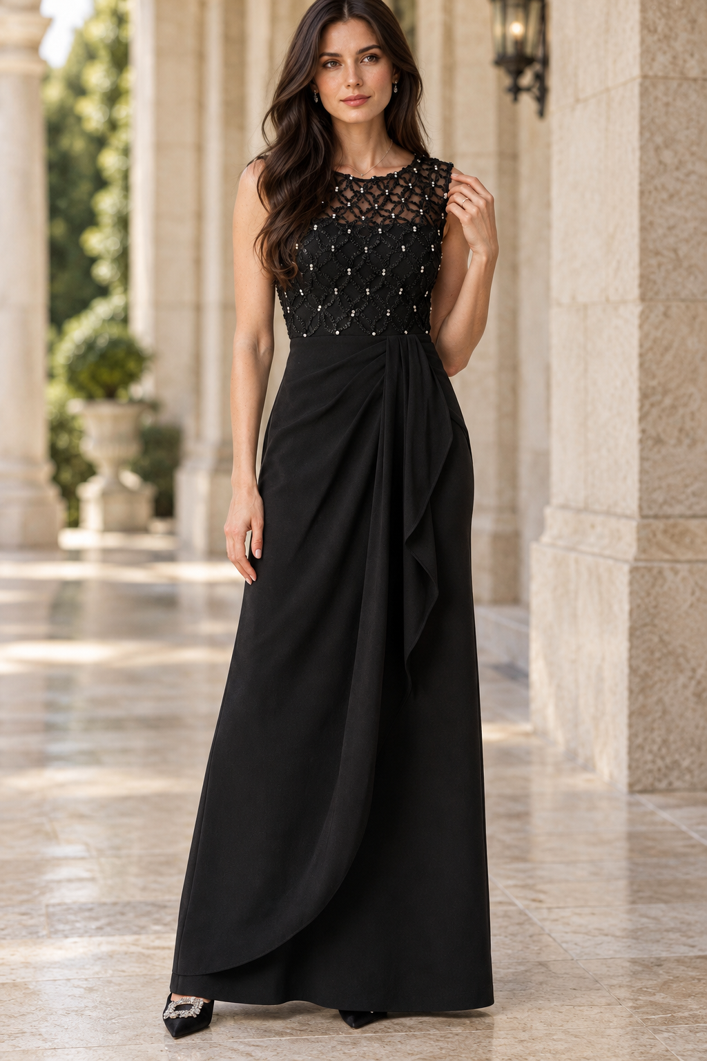 Beaded Illusion Bodice Gown with Side Draping
