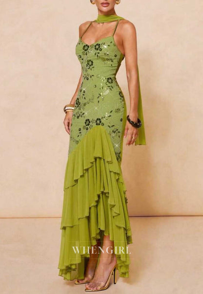 V-Neck Sequin Tiered Ruffle Mermaid Maxi Dress