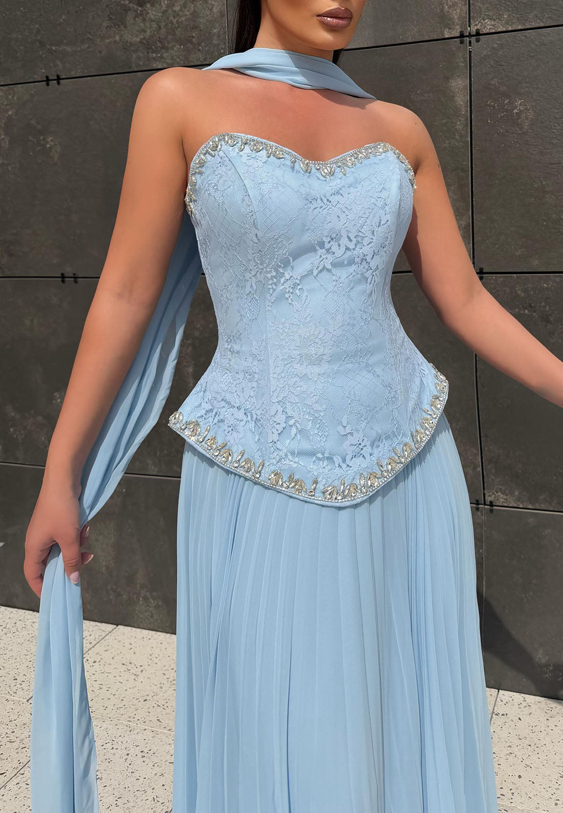Lace Corset Pleated Evening Gown with Scarf