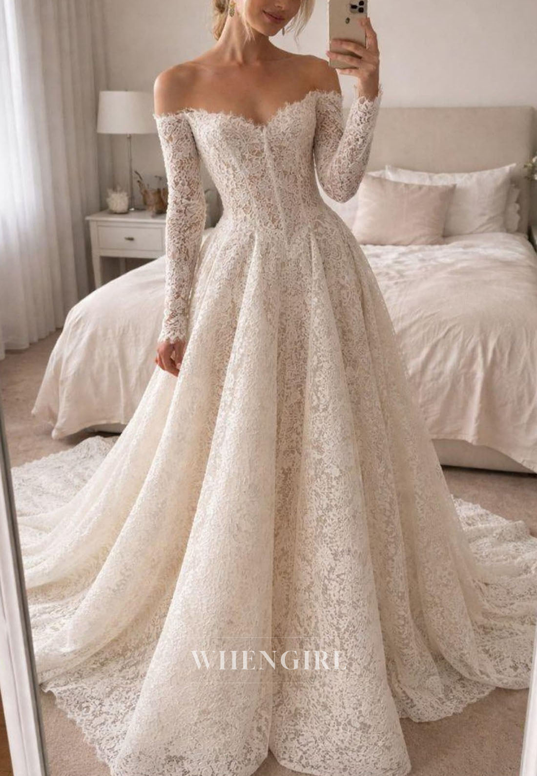 Off-the-Shoulder Long Sleeve Lace Wedding Dress