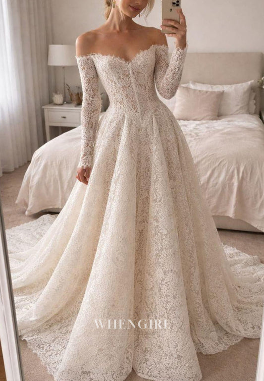 Off-the-Shoulder Long Sleeve Lace Wedding Dress