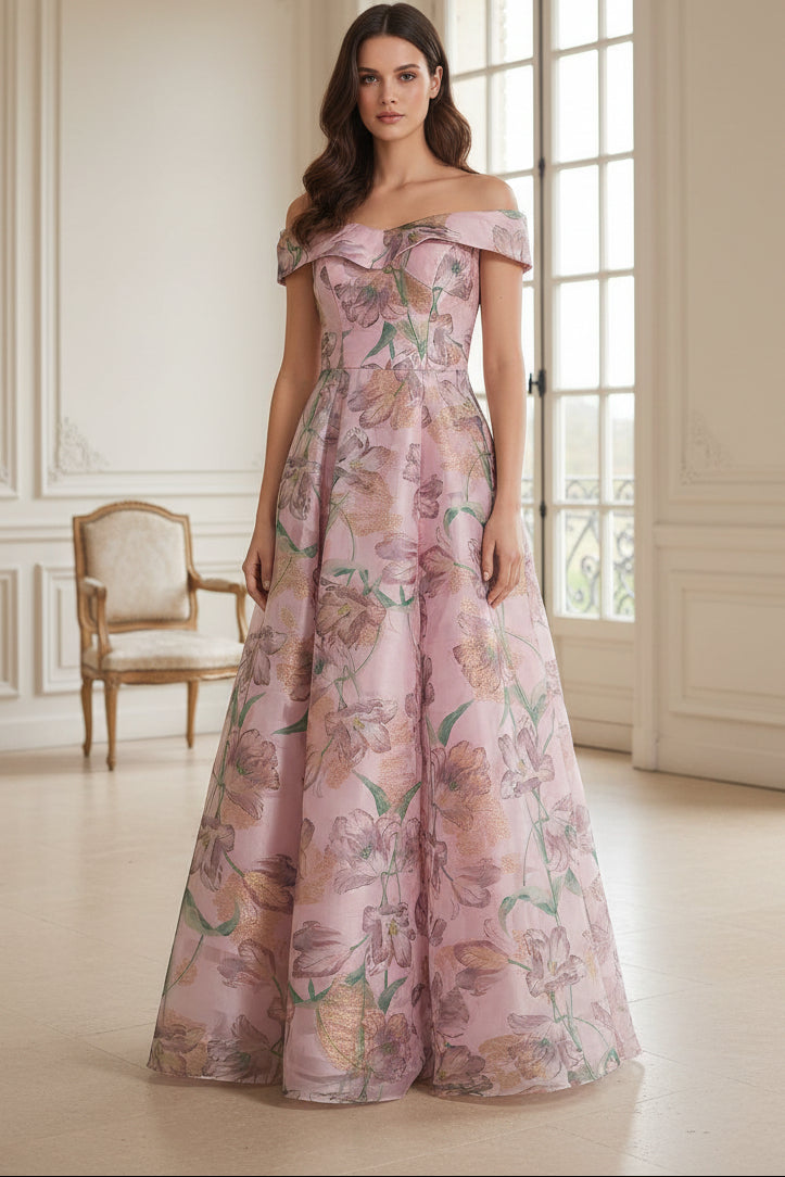 Off-the-Shoulder Floral A-Line Evening Gown